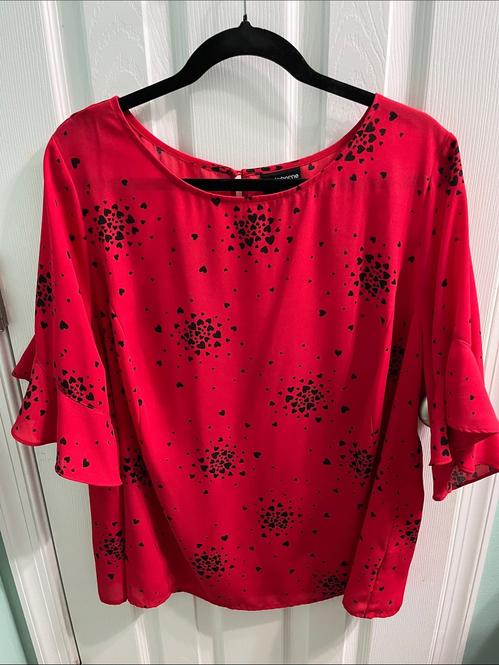 Liz Claiborne Red Blouse with Black Heart Dot Print and Ruffle Sleeves